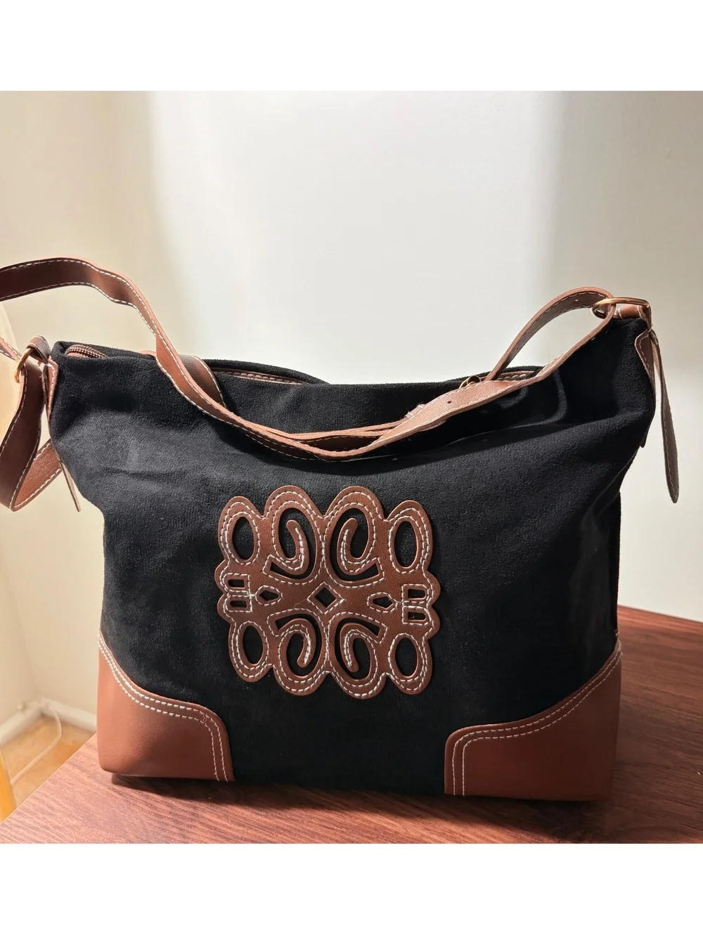 Black Suede and Brown Vegan Leather Shoulder Bag with Adjustable Strap